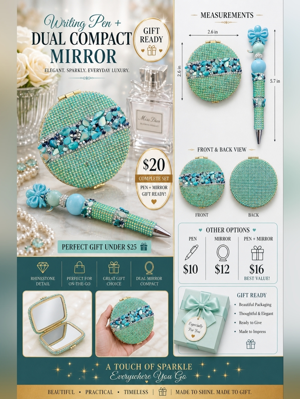 Jeweled Pen + Dual Mirror Compact Sparkly Rhinestone Gift Set Elegant Bling